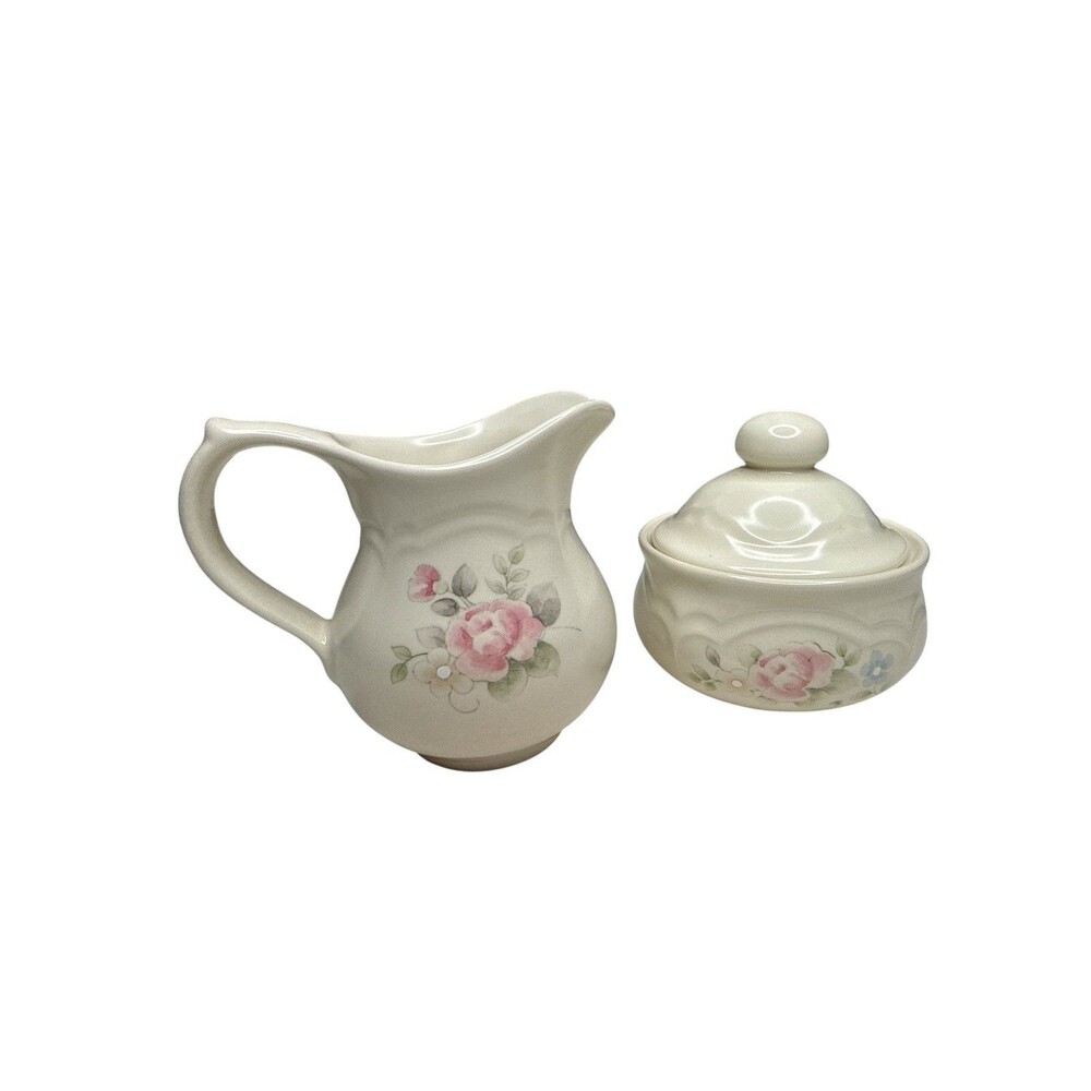 Pfaltzgraff Heirloom Tea Rose Creamer Sugar Bowl  w/ Lid Set Floral USA Vintage